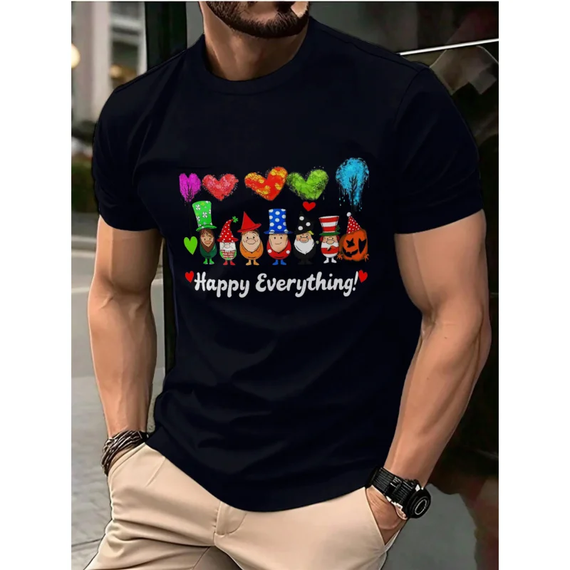 تي شيرت رجالي أسود Happy Everything Gnomes Holiday Hearts مطبوع عالي الجودة من القطن 180 جرام #1