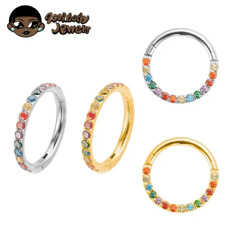 ASTM F136 Titanium Hinge Nose Rings Color CZ Zircon Women Hoop Earrings Septum Piercing Clicker Tragus Cartilage Helix Jewelry