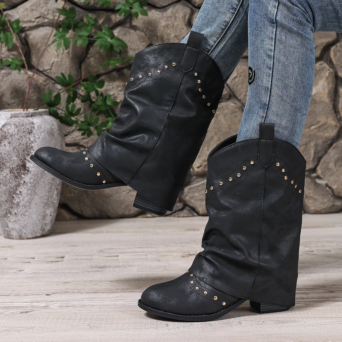 KM-ROYA Newly 5.5CM Heel Coarse Heel Pleated Women Shoes Fashion Boots One Pedal Knight Boots Rivet Winter Autumn Women's Shoes