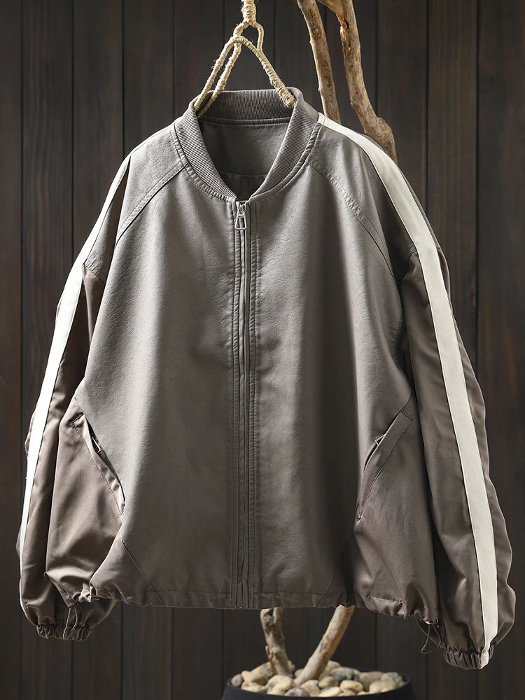 เสื้อคลุมผู้หญิงแบบสวมสบาย คอตั้ง ทรงหลวม ผ้าหนัง PU สีสันสดใส ติดซิป ยาวคลุมเข่า