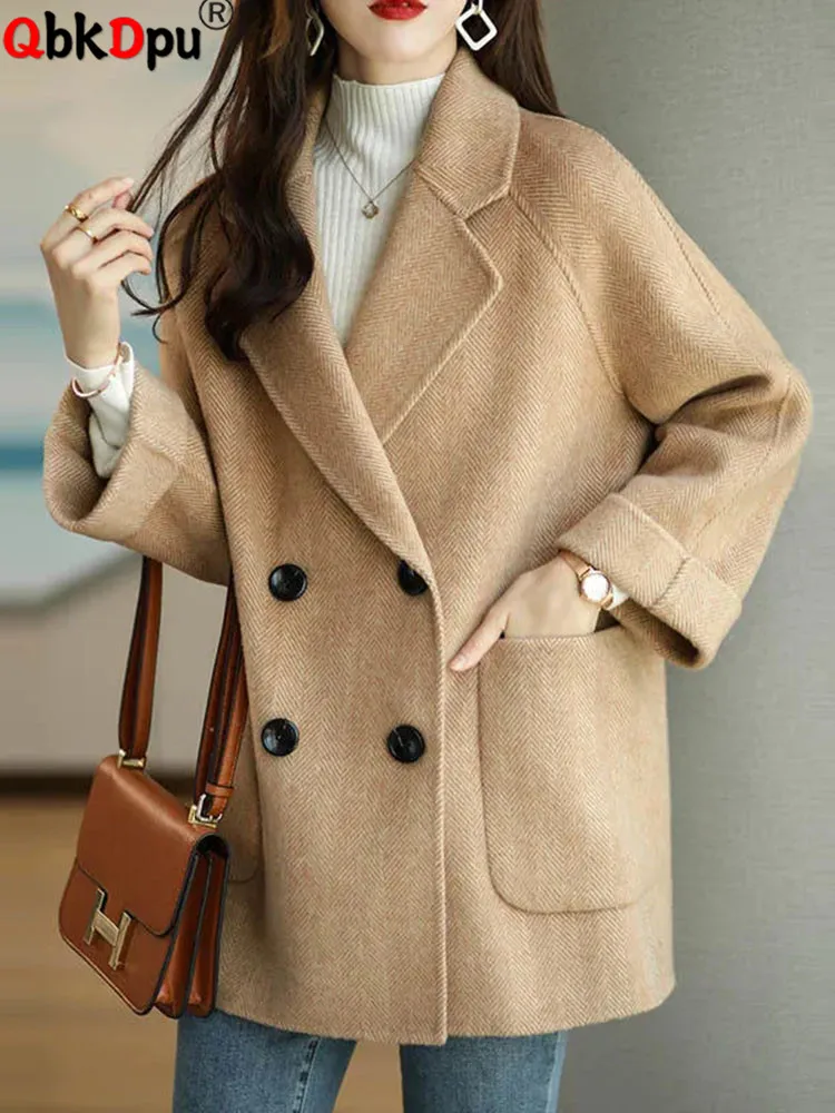 

Korean Loose Lapel Woolen Jacket Tops Women Elegant Double Breasted Wool Blend Coats Chic Long Sleeve Fall Winter Abrigos Blusas