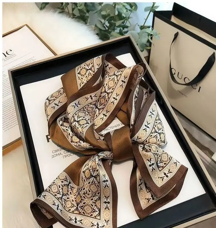 

​​Women's Silk Blend Geometric Print Scarf Brown White Neck Scarf for Shirts&Handbags Luxury Designer Style Accessory