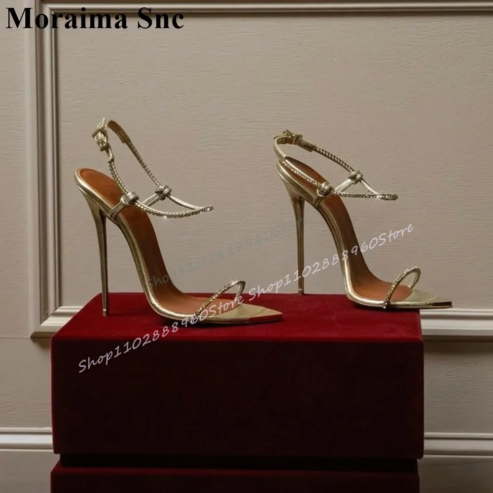 

Golden Blingbling Crystal Narrow Strap Sandals Thin High Heel Women Shoes Ankle Buckle Strap Open Toe 2025 Zapatos Para Mujere