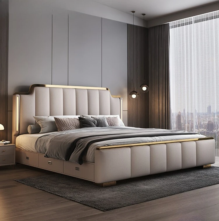 Master bedroom modern simple double high-end light luxury high box storage soft bag leather bed