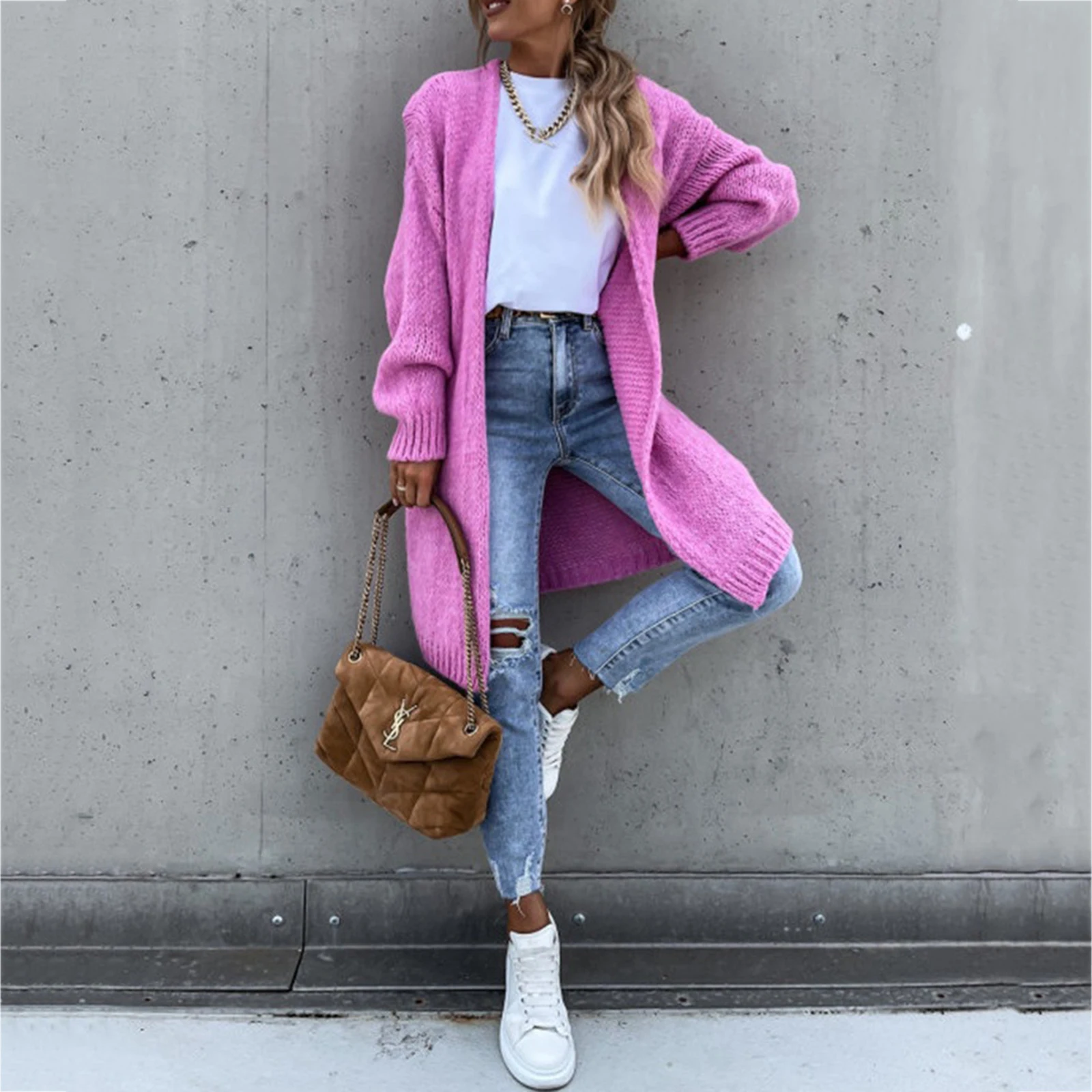 

Spring Autumn Women's Street Casual Knitted Cardigan Sweater Solid Color Mid-length Knitted Sweater Loose Knitted Top Coat