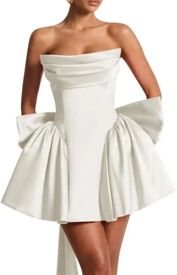

Satin Homecoming Dresses for Teens 2025 Strapless Formal Cocktail Party Gown with Big Bow Above Knee , Mini