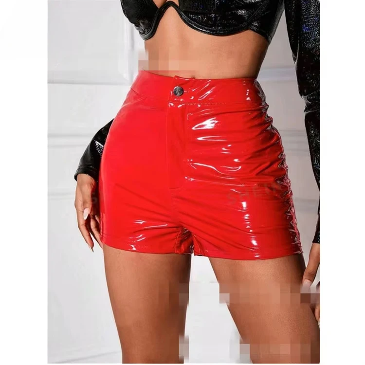 2025 Women Bright Leather Shorts Black Leather High Waisted Elastic Tight Shorts Party Nightclub Hot Pants