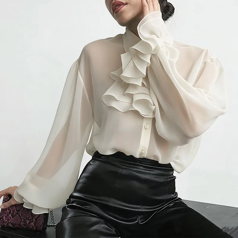 

Женская блузка Tsiisd Commuting Sheer Ruffled: роскошная, элегантная, в стиле пэчворк, уличная мода, свободный крой, 2026. Модные женские рубашки.