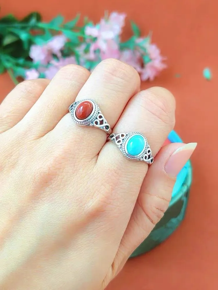 

Mongolian Ethnic Style S925 Sterling Silver South Red Turquoise Ring Retro Be All-match Women