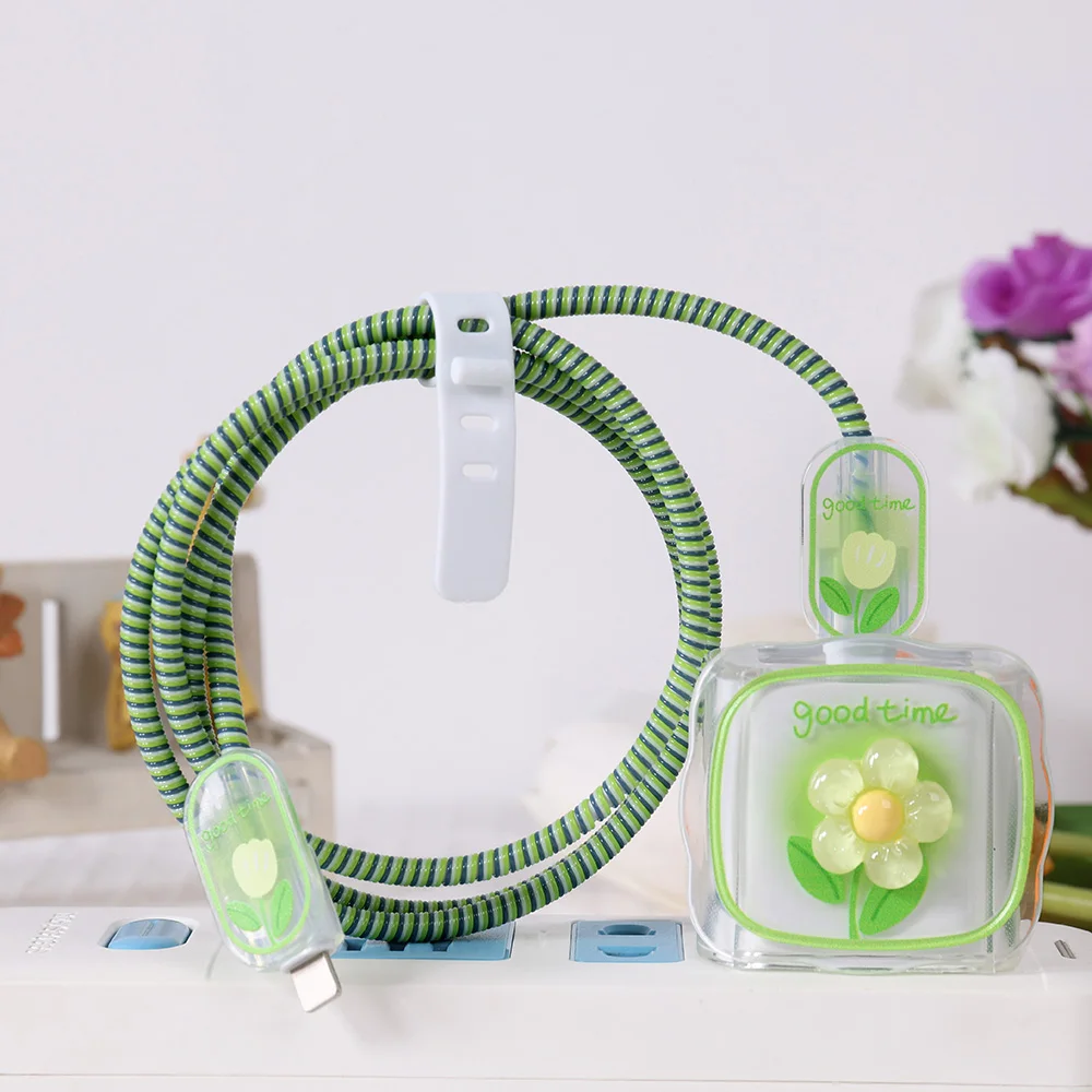 New Cute USB data cable protective 3D soft case for iPhone 18 17 16 15 14 13fast charging green flower color 18/20W