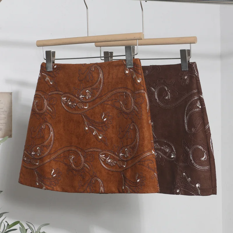 Retro Spice Girl Embroidered Skirt for Women Autumn and Winter High-waisted A-word Hip-wrapped Skort Short Skirt