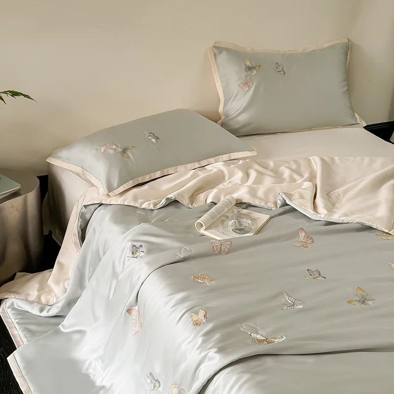 

100S Lycell Tencel Bedding Stitch Butterfly Embroidery Luxury Summer Quilt Comforter Lightweight Double King Quilt Blanket 이불 이불