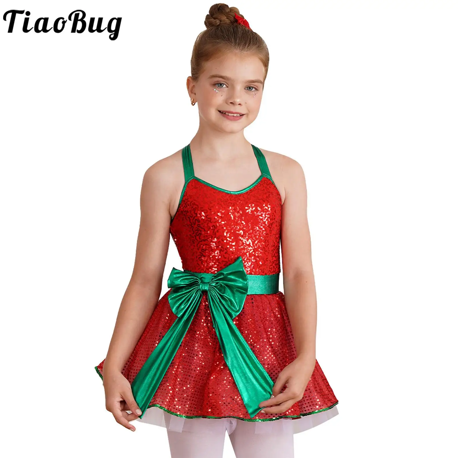 

Kids Girls Big Bow Christmas Dance Costume Shiny Sequin Ballet Tutu Ice Skating Leotard Dress Gymnastic Bodysuit Dancewear