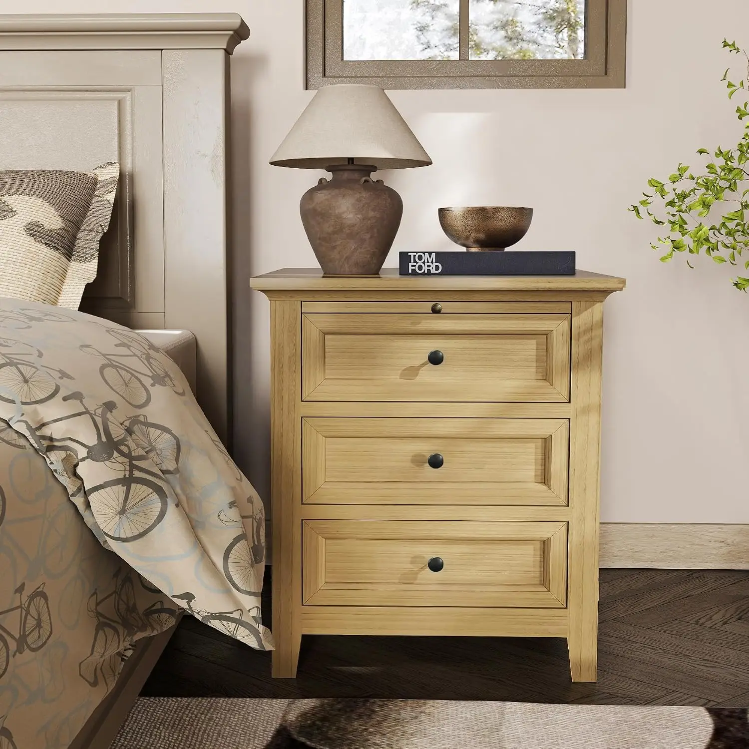 Solid Wood Nightstand With 3 Drawers & Pull-Out Shelf, Classic End Side Table For Bedroom Living Room Office, Customized