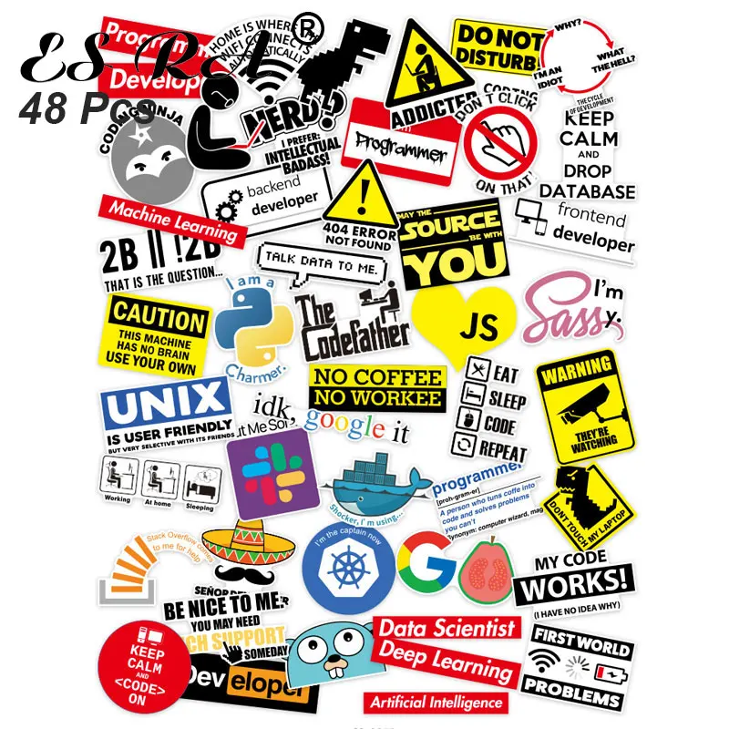 

48 Pcs/Set Big Programmer Internet Java Stickers Geek Php Docker Html Bitcoin Programming Language For Laptop Car Toy Decals