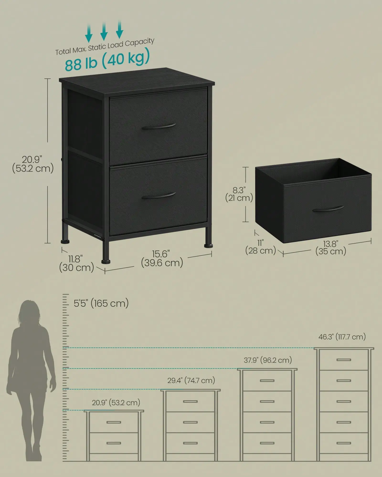 Dresser For Bedroom, Chest Of Drawers, Nightstand, Steel, MDF, 2 Non-Woven Fabric Drawers, Storage Organizer Unit, Closet, Entryway, Ink Black And Ebony Black