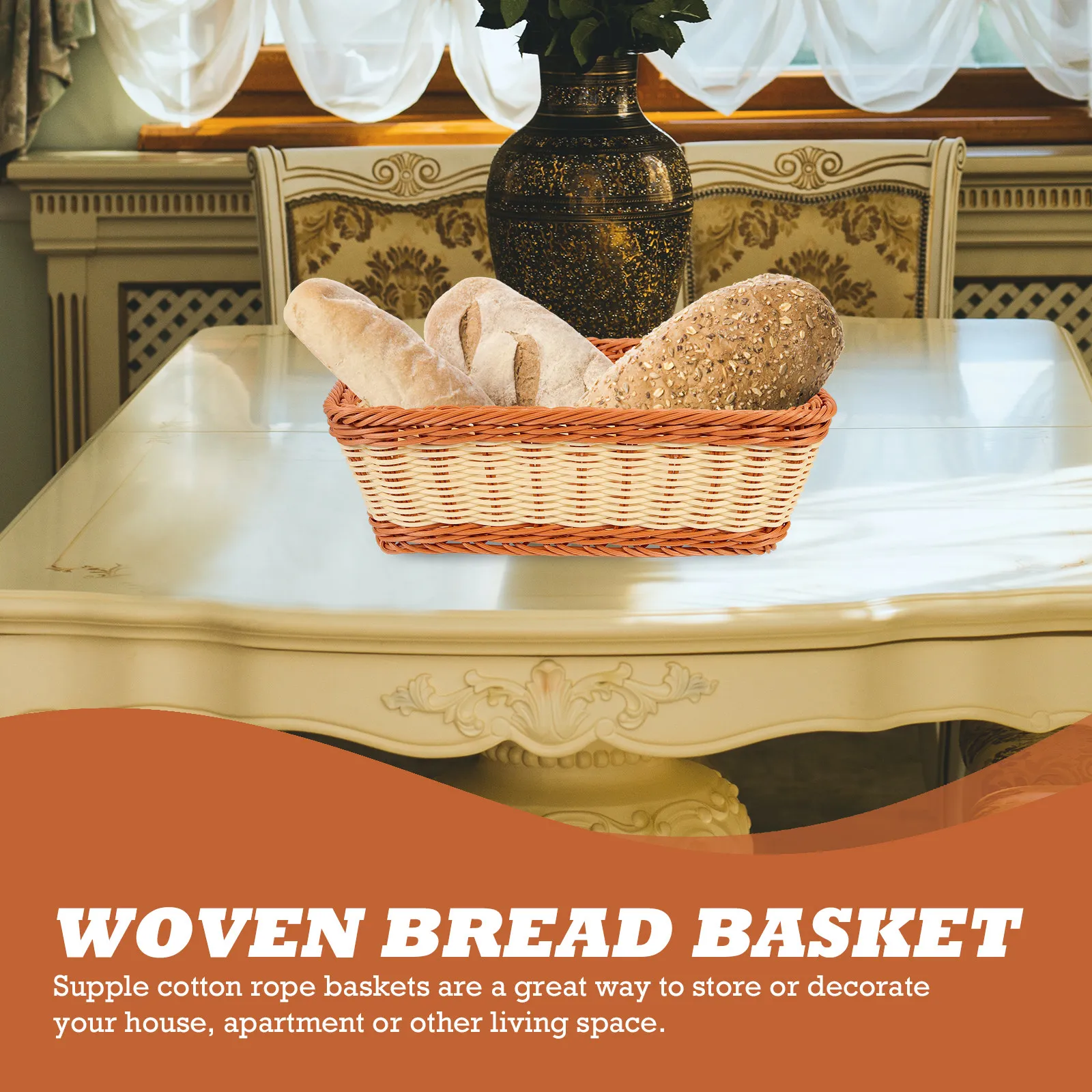 Tabletop Woven Basket Premium Plastic Rattan Texture Bread Fruit Snacks Storage Basket Home Kitchen Decorative Gift Rustic