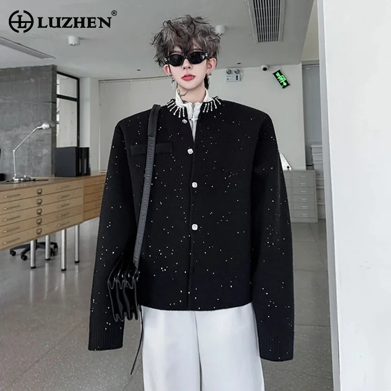 

LUZHEN Fashion Sequin Patchwork Round Neck Solid Color Knitted Cardigan Men's Elegant Temperament Handsome 2025 Sweater JY4876