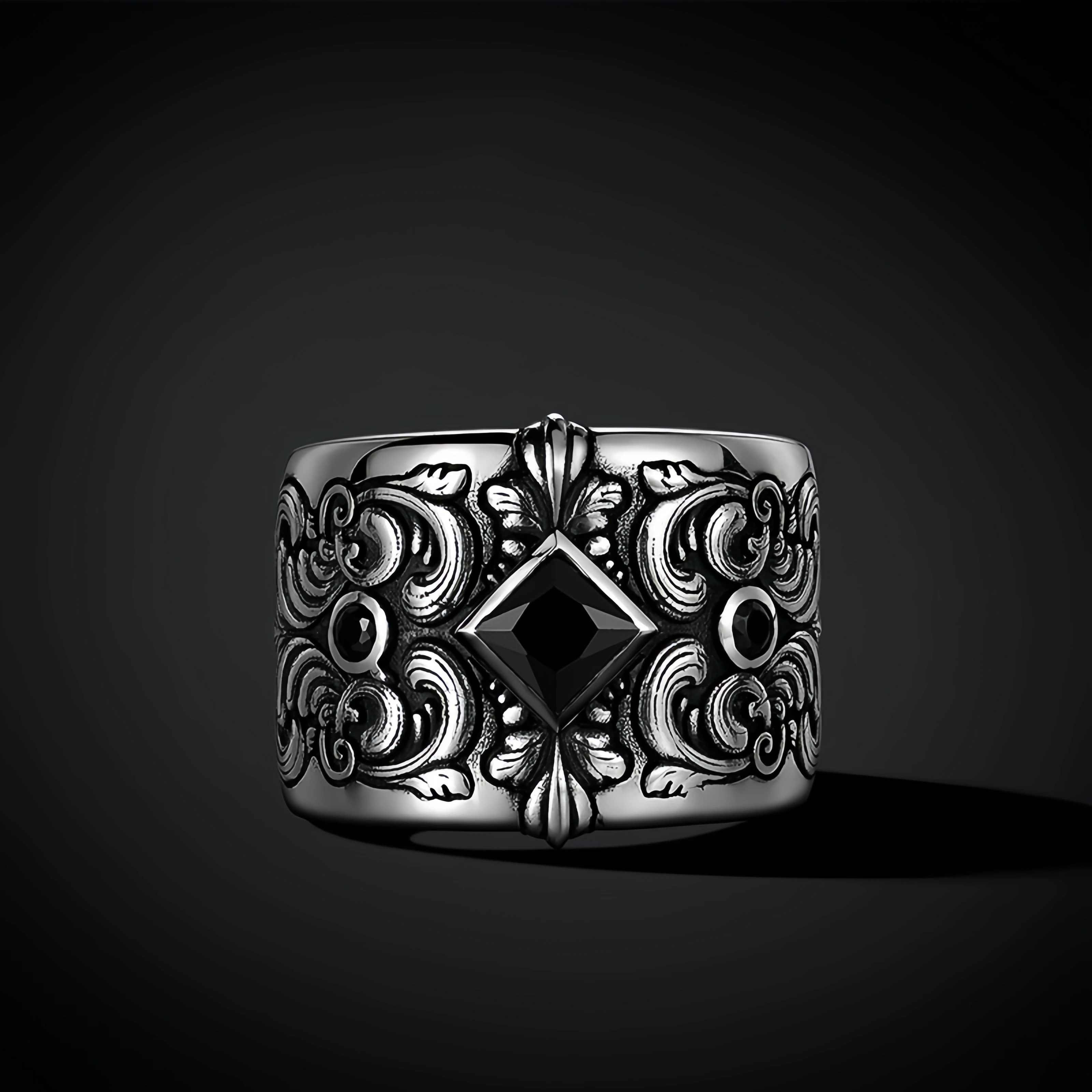 Retro Blumenmuster Schwarz Ziron Verstellbarer offener Ring für Männer Gothic Punk Edgy versilbertes Kupfer Schmuck Accessoires Geschenk