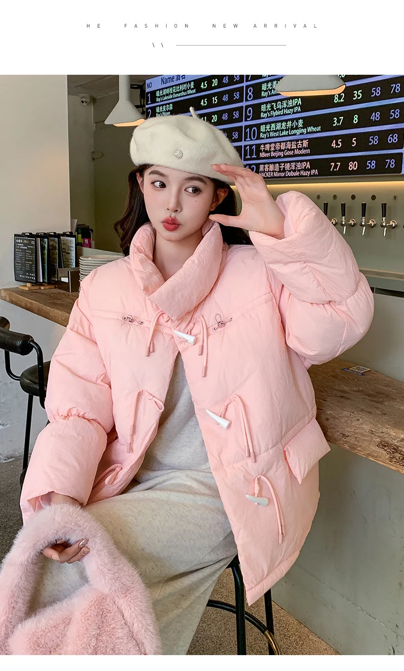 Korean Sweet Short Down Cotton Jacket for Women Stand Collar Toggle Button Puffer Parkas Woman Loose Candy Color Padded Jacket