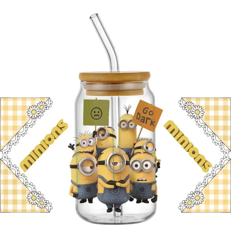 Miniso Adesivo Dos Desenhos Animados para Vidro, 3D, Amarelo, Minions Boy, UV, DTF Cup Wraps, Transferências Adesivo em Transferência, Vidro Pode Envoltórios, 16oz Libbey