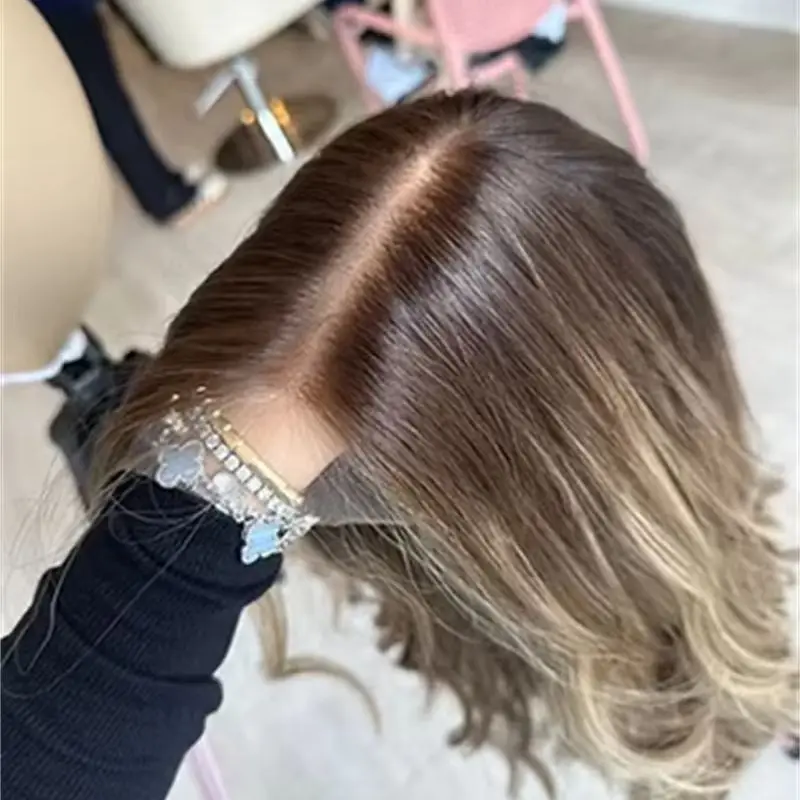 

13x4 Ombre Brown with Blonde Streaks Synthetic HD Lace Front Wig for White Black Women Preplucked Hairline Natural Density Wig