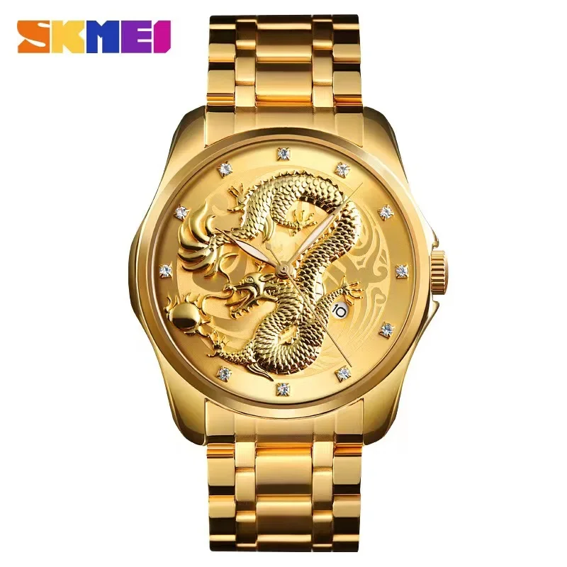 SKMEI 9193 Men 3Bar Waterproof Date Display Stainless Steel Strap Wristwatches Mens Watches Top Brand Luxury Golden Quartz Watch