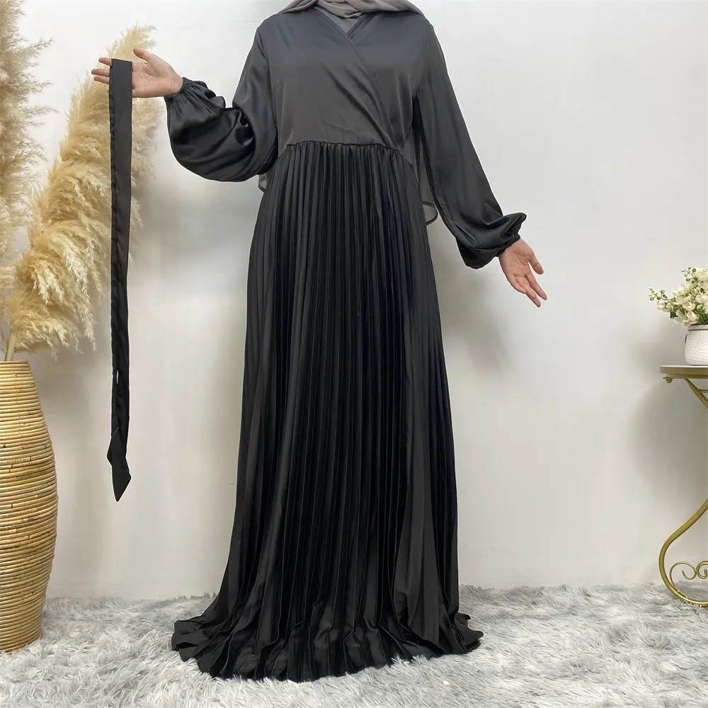 

Women Muslim Pleated Belted Long Sleeve Maxi Dress Eid Mubarak Jalabiya Islamic Clothing Dubai Turkey Abaya Kaftan Robe Vestidos