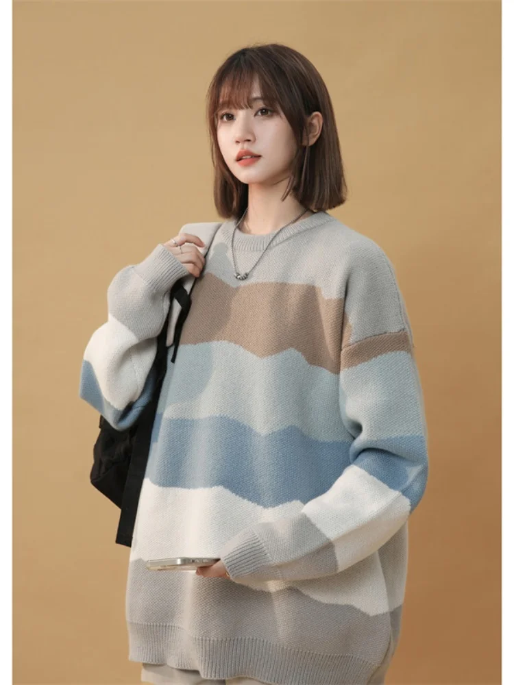 

Men's Autumn Winter Striped Knitwear Lazy American Retro Base Layer Sweater Teenage Youth Casual Comfortable Soft round Ne ...