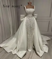 Dubai Arabic Ivory Pearls Beaded Evening Dresses with Detachable Satin Train Square Neck Formal Wedding Party Gowns for Brides