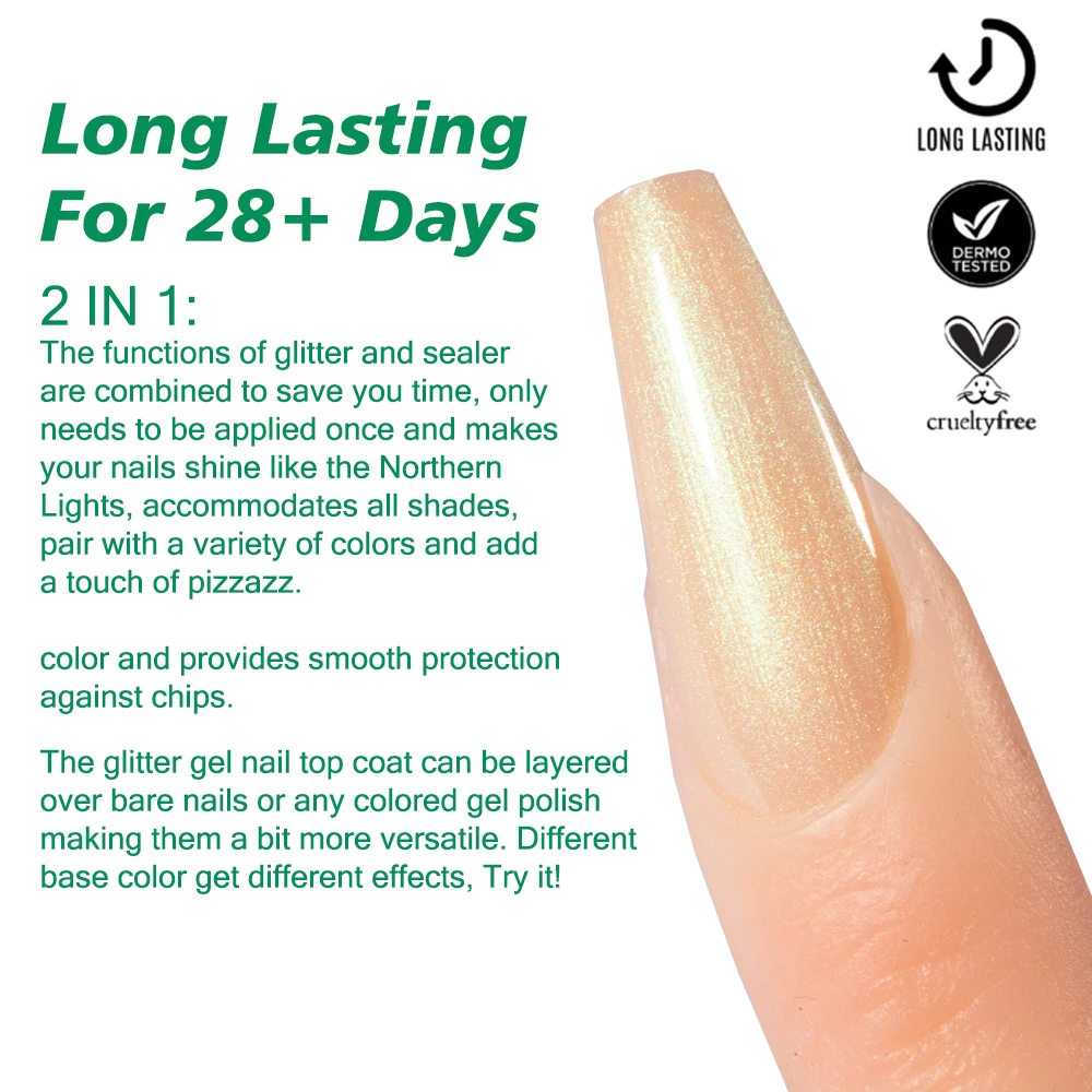 KODIES GEL Pearlescent Top Coat Gel Nail Polish 2 IN 1 Semi Permanent UV Glitter Aurora Gel Finish Topcoat No Wipe Manicure Nail