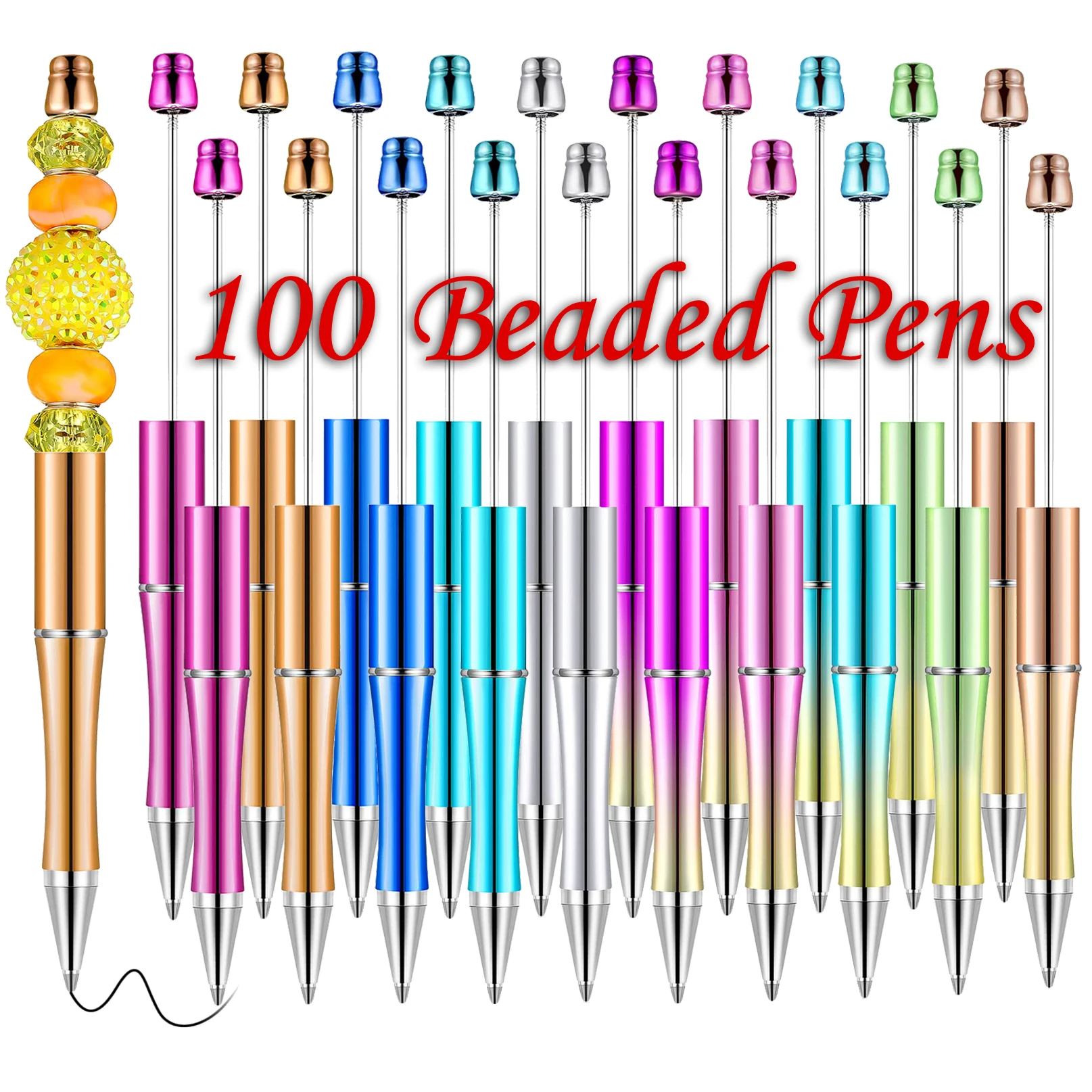 100Pcs Beadable Pen Bead Ballpoint Pen Plastic UV Electroplating Ball Pen 10 colors