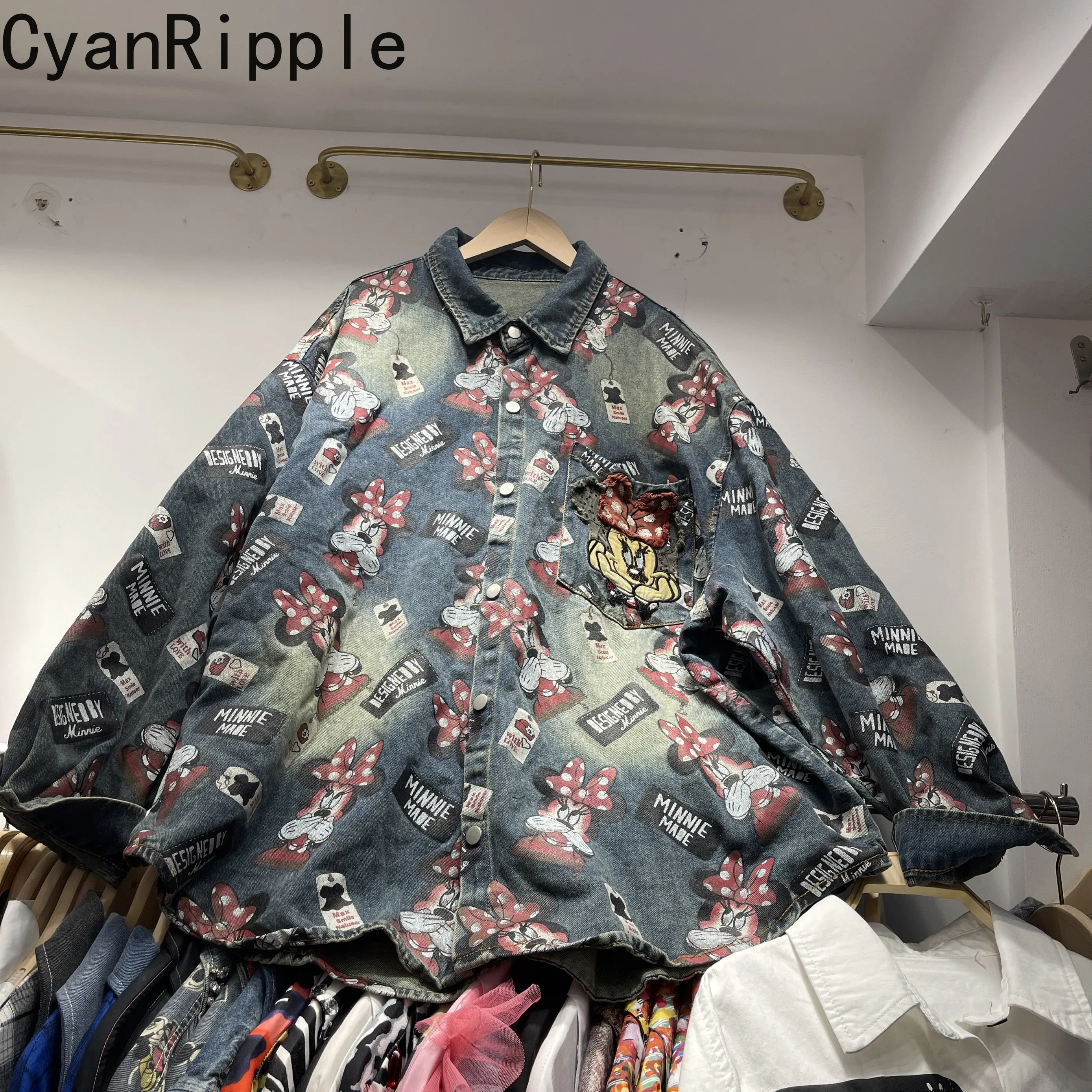 

Fashion Minnie Embroidery Printed Women Denim Shirt Mid-long Loose Cardigans Coat New Spring Autumn Long Sleeve Casual Blouses