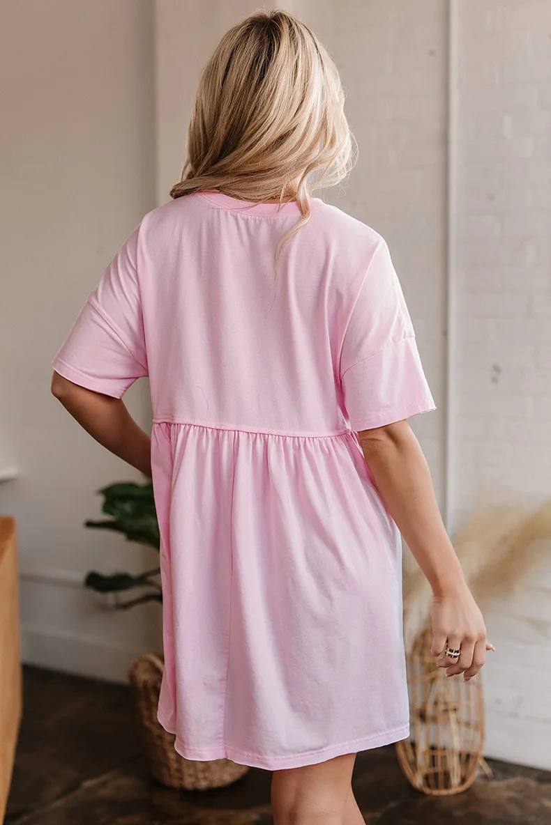 รอบคอสีชมพูหลวมเสื้อยืดแขนสั้น A-Line ผู้หญิงเรียบง่ายชุดผ้าฝ้ายผสม Causal Solid ฤดูร้อนชุด 2025 ใหม่