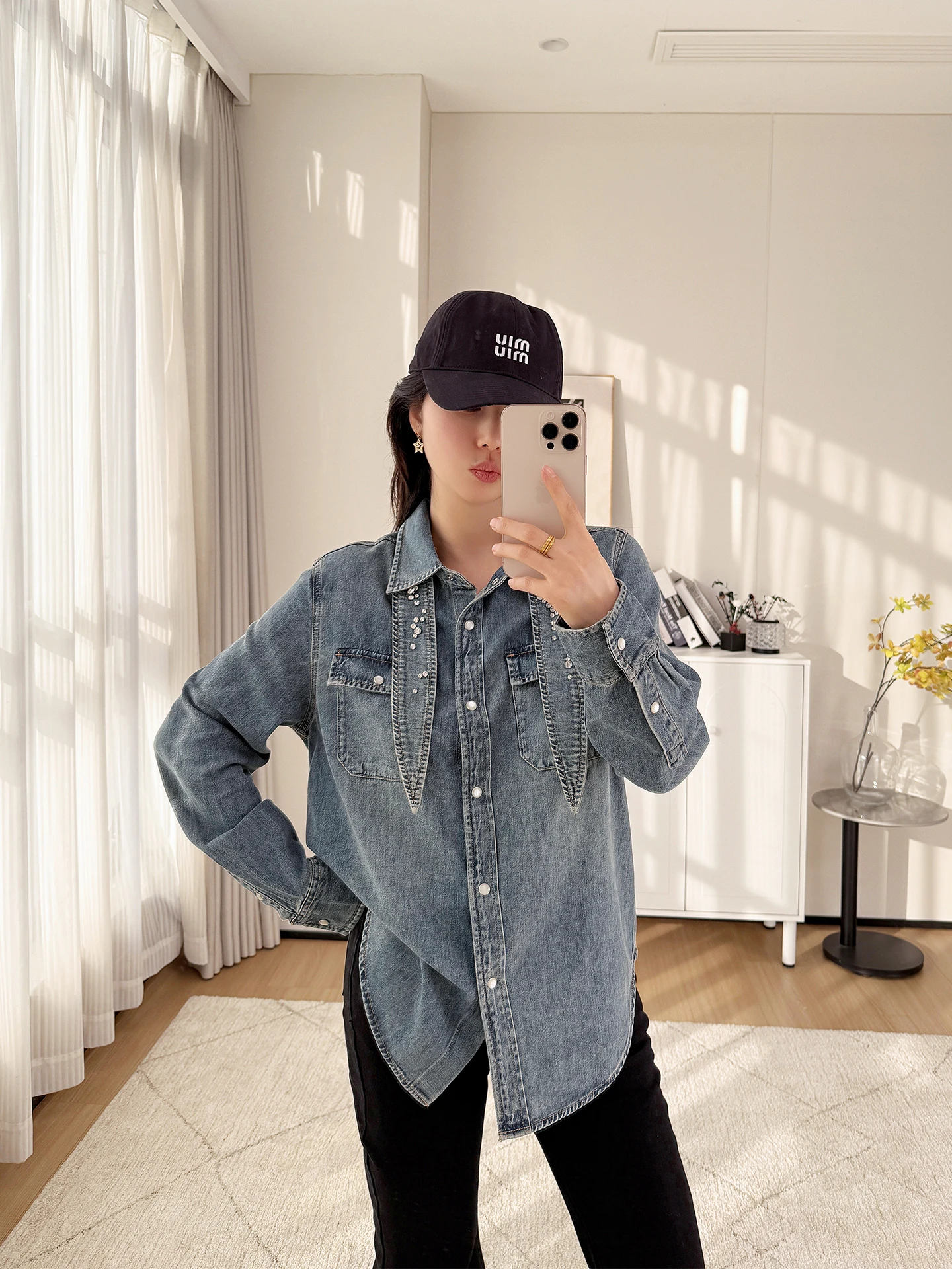 

Женская повседневная рубашка-топ из денима и шелка с бисером, свободного кроя, из чистого хлопка, с длинным рукавом, на пуговицах, утягивающая фигуру