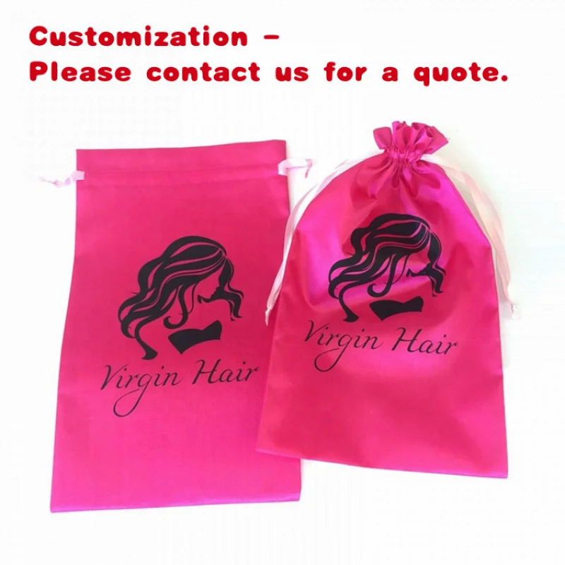 custom.Black Large Satin Silk Bags with PP Cord Drawstring and Dust Removal Hair Extension Packaging (18x38cm)