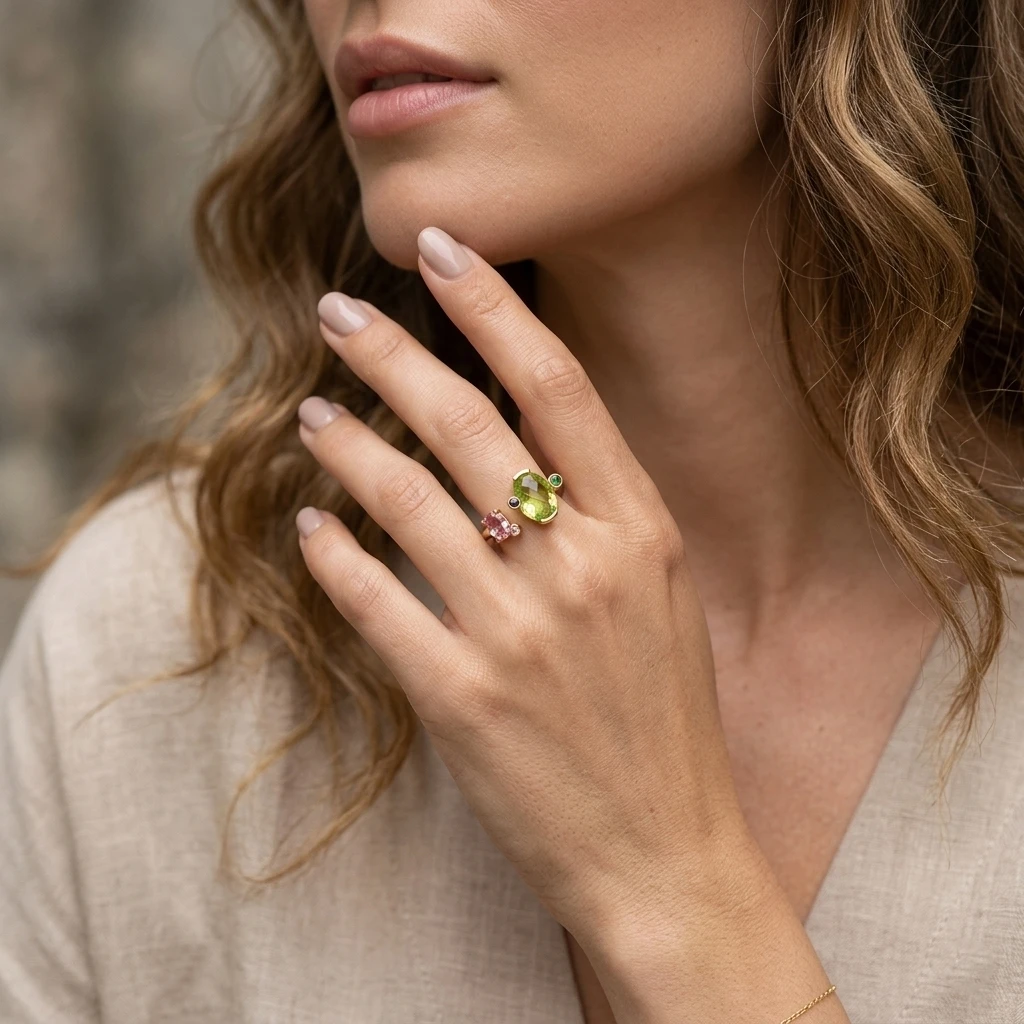 Größenverstellbarer Damenring mit grünem und pinkfarbenem Zirkonia, Modeschmuck für den Alltag und Partys, Geschenk für sie. – Detail 3