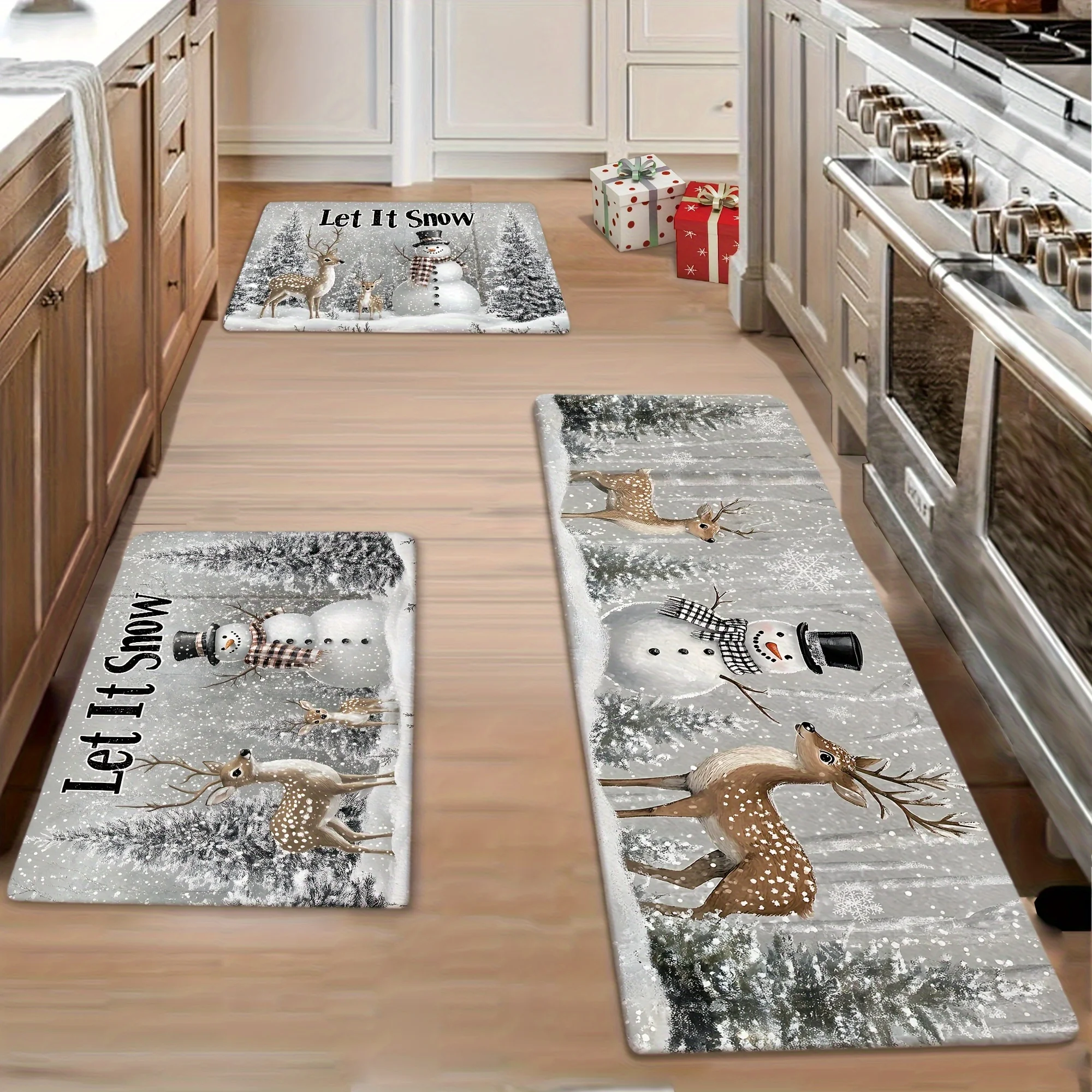 VIKAMA Winter Christmas Kitchen Rug Set Anti Slip Washable Mat Snowman Deer Forest Snowflake Let It Snow Floor Runner view 3