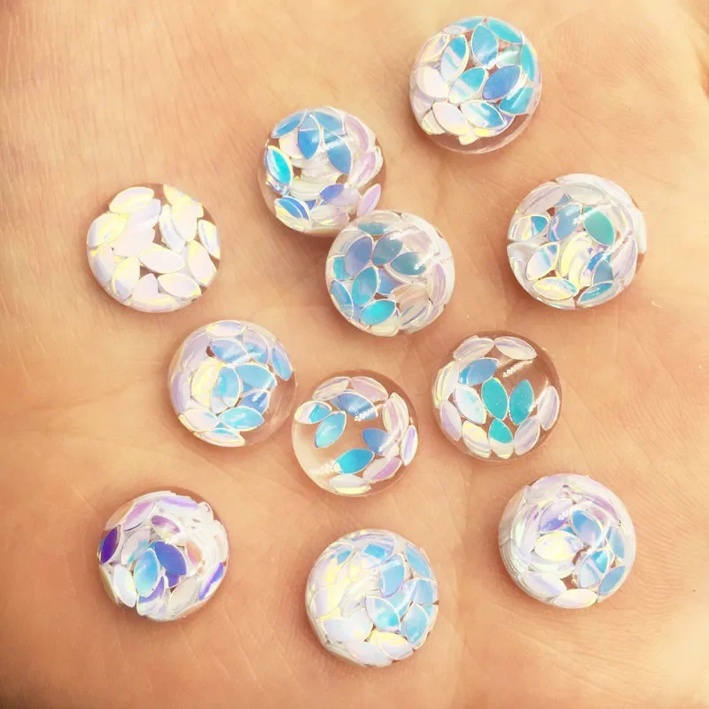 40Pcs Resin Horse eye Glitter Paillette  Filled 12mm Round Flat Back Cabochon Rhinestone Scrapbook DIY Wedding Applique Ornament