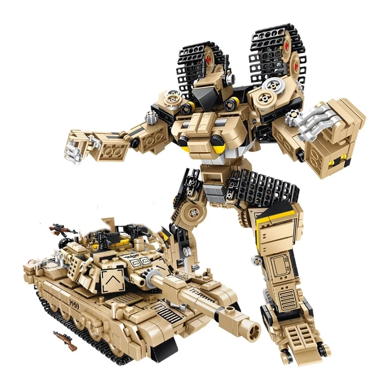 810Pcs WW2 Military M1A2 Main Battle Tank 2 Change Building Blocks Compatible City Deformation Robot Bricks 1To2 Toys for Kid