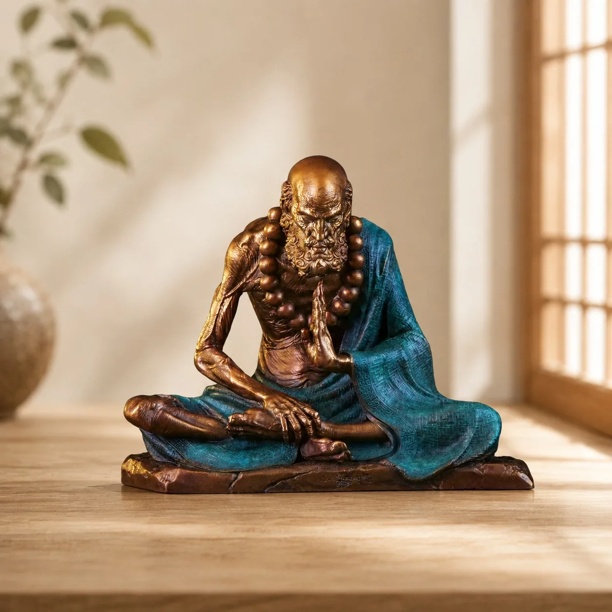 Sculpture Zen de Bodhidharma contemplatif en laiton massif faite à la main pour décoration élégante de salon bureau et table basse orientale