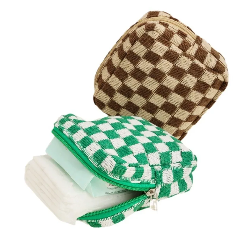 Color-block Checkerboard Knitted Zipper Bag Mini Makeup Cosmetic Bag Women Sanitary Napkin Tampon Organizer Card Coin Pouch