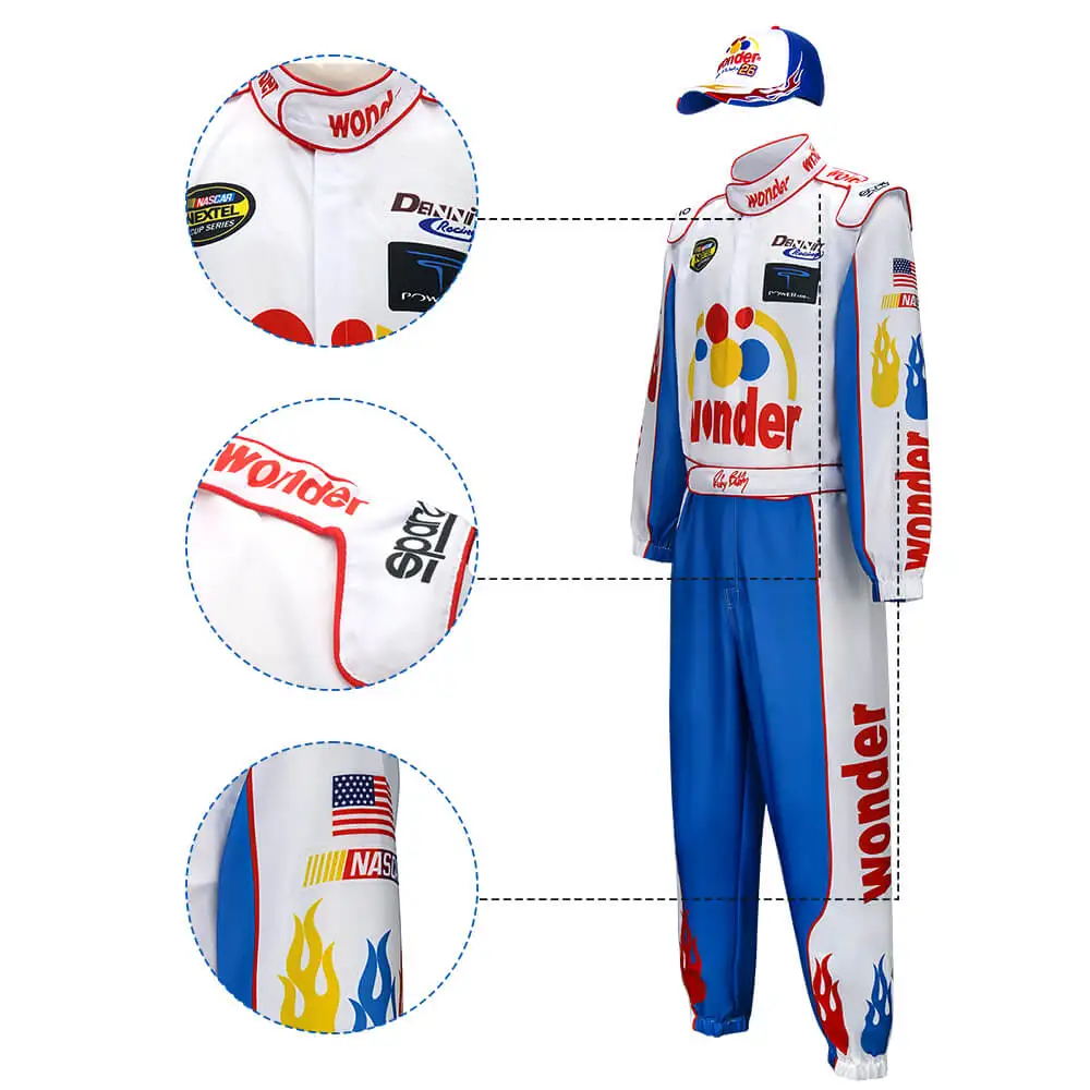 

Ricky Bobby Racing Suit Printed Style Cosplay Jumpsuit Hat Talladega Nights Film Role Men's Suit Halloween Party Outfits