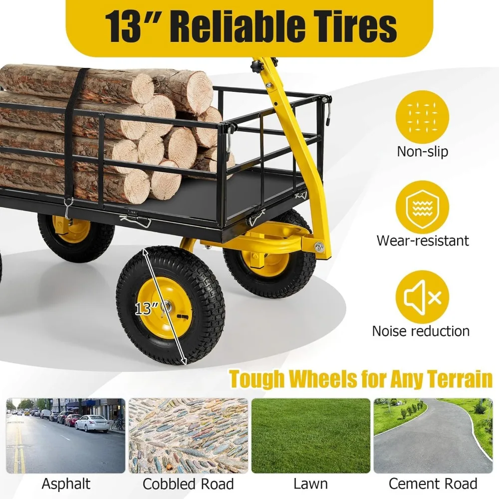 Heavy-Duty Garden Cart with 1200 lbs Capacity, Rotating Handle, Removable Sides, 13 Wheels, Metal Utility Wagon for Outdoor Task