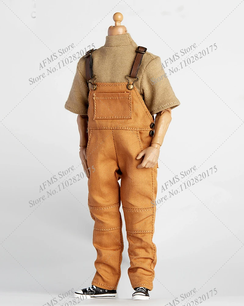 1/12 Men Soldier Denim Jumpsuits Streetwear Loose Suspenders Pants High Neck Casual Short Sleeves Fit 6inch Action Figure Model