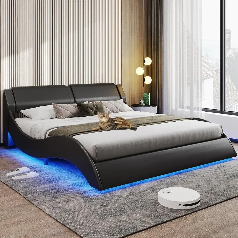 

Queen Led Bed Frame Modern Faux Leather Upholstered Platform Bed Frame with RGB LED Lights and Headboard Wave Like Curve