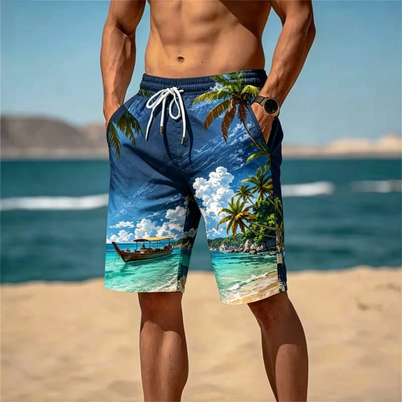 Men's tropical island scenery printed quick drying beach shorts, breathable and fashionable, for summer travel & beach vacation