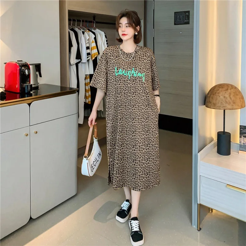 여름 레오파드 프린트 반팔 드레스 이미지