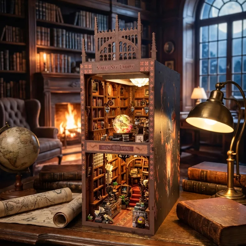 星空図書館 3D DIY 木製ブックエンドモデルキット - 3D組み立てパズルおもちゃ、ミニチュアハウスデコレーションデスクトップオーナメントギフト
