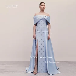 OLOEY Modest Blue Straight Evening Dress Off Shoulder Floor Length Wedding Party Gown Left Slit Zipper Back Crystal Custom Made